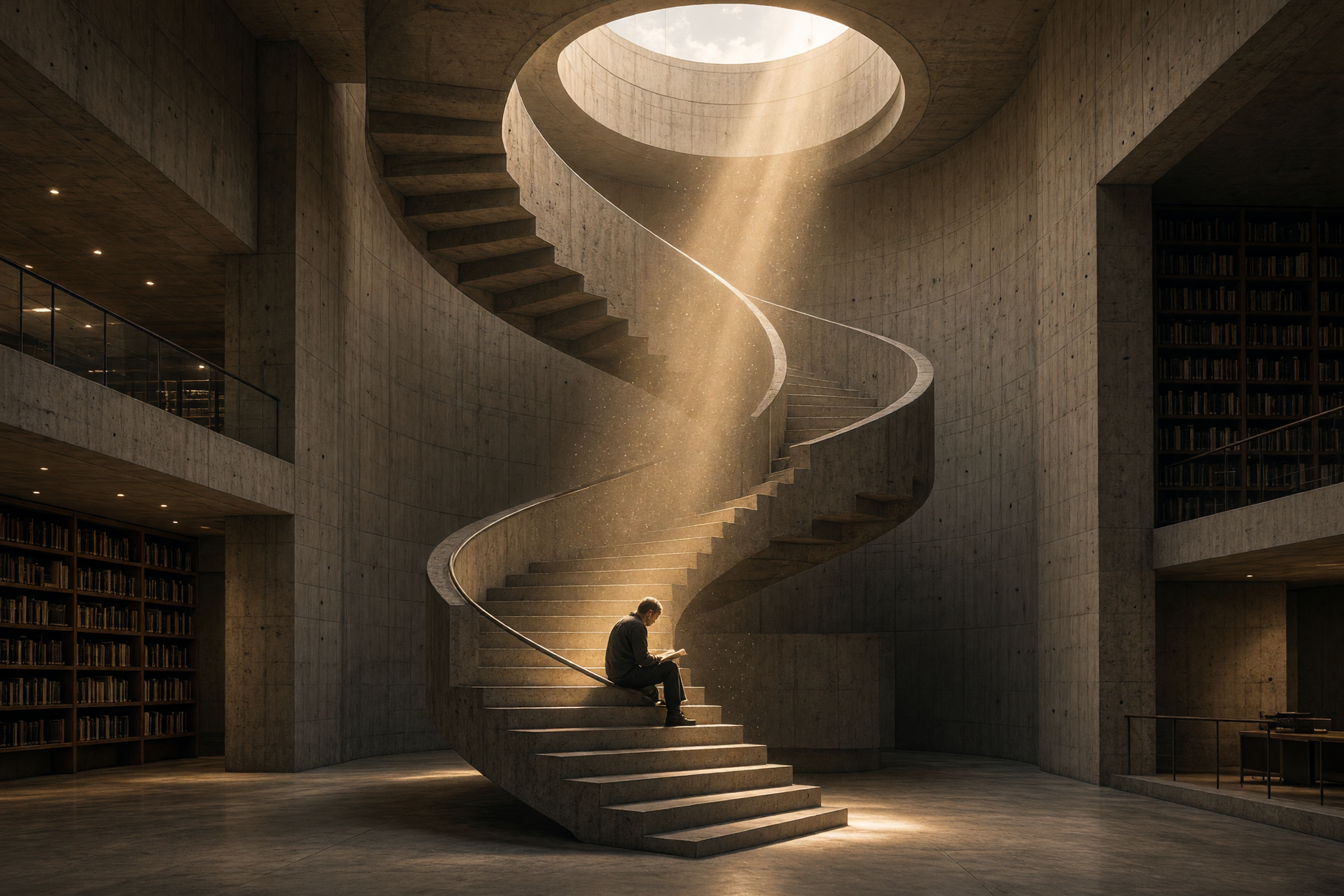 Brutalist concrete library interior with a curving S shaped staircase under a round skylight, a shaft of golden sunlight full of dust falling on the steps beside one person reading, bookshelves on both sides
