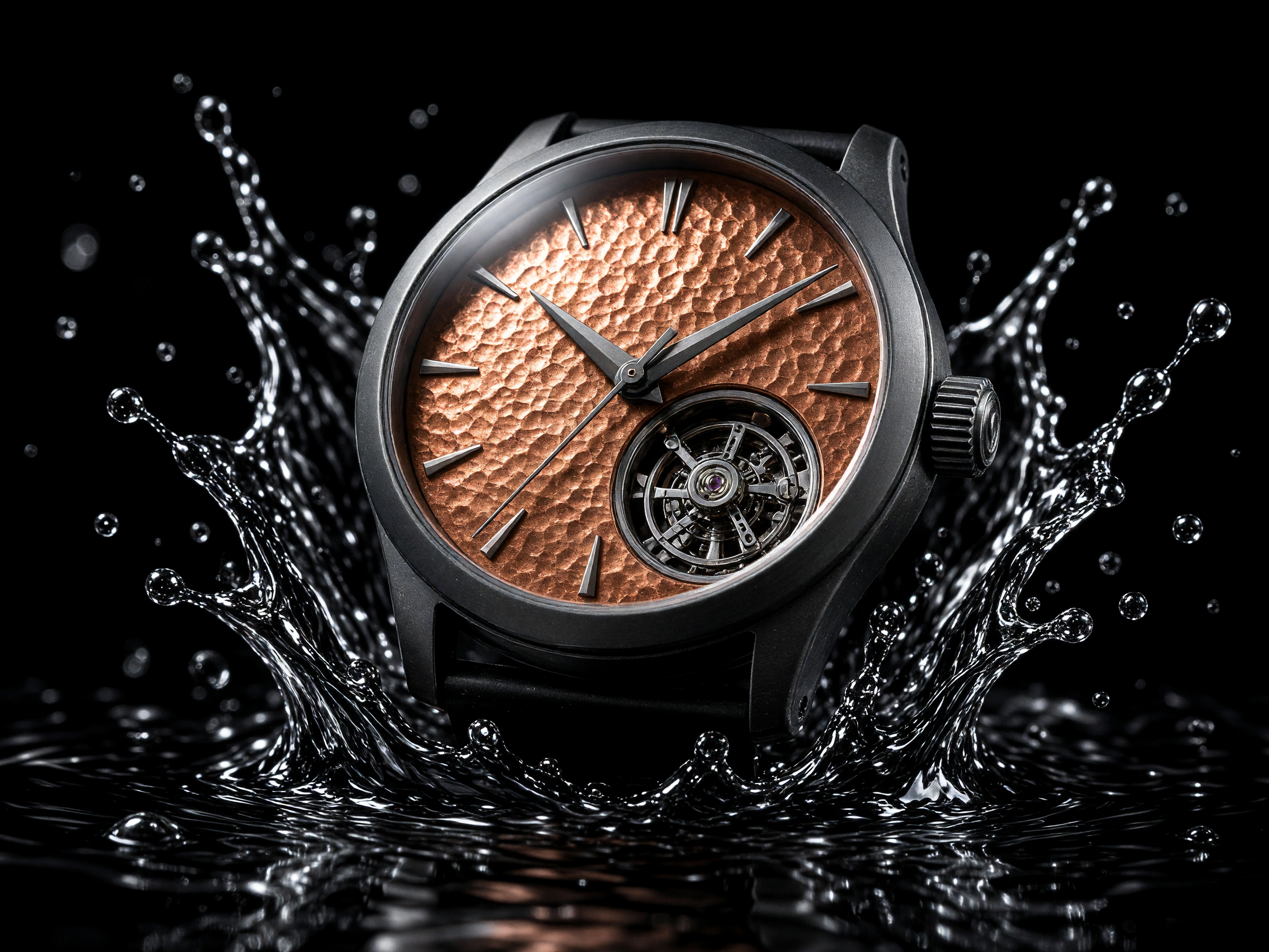 Matte black mechanical wristwatch with a hammered copper dial, plain baton markers and an open tourbillon, rising through a crown of splashing black water against a pure black background
