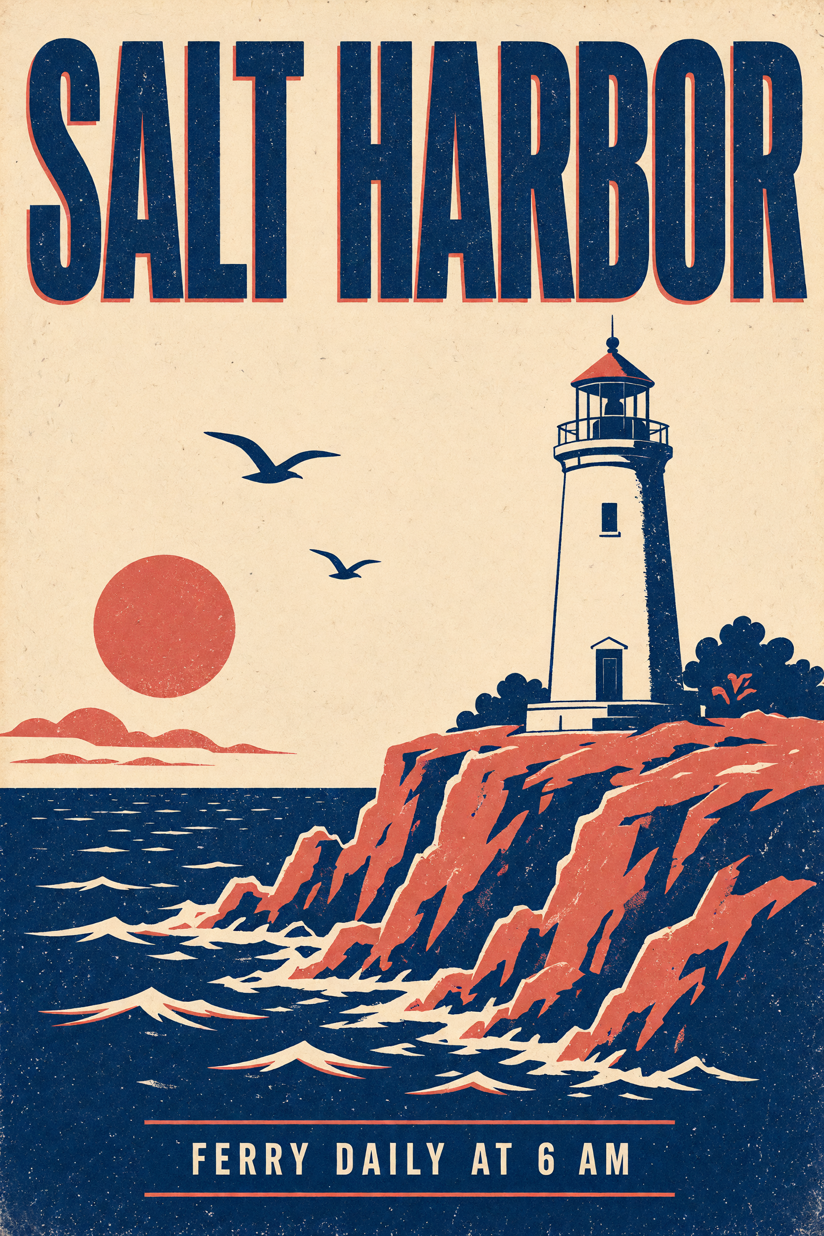 Screen printed travel poster in navy, coral and cream with the headline SALT HARBOR, a white lighthouse on red cliffs, two gulls, a coral sun and the line FERRY DAILY AT 6 AM at the bottom