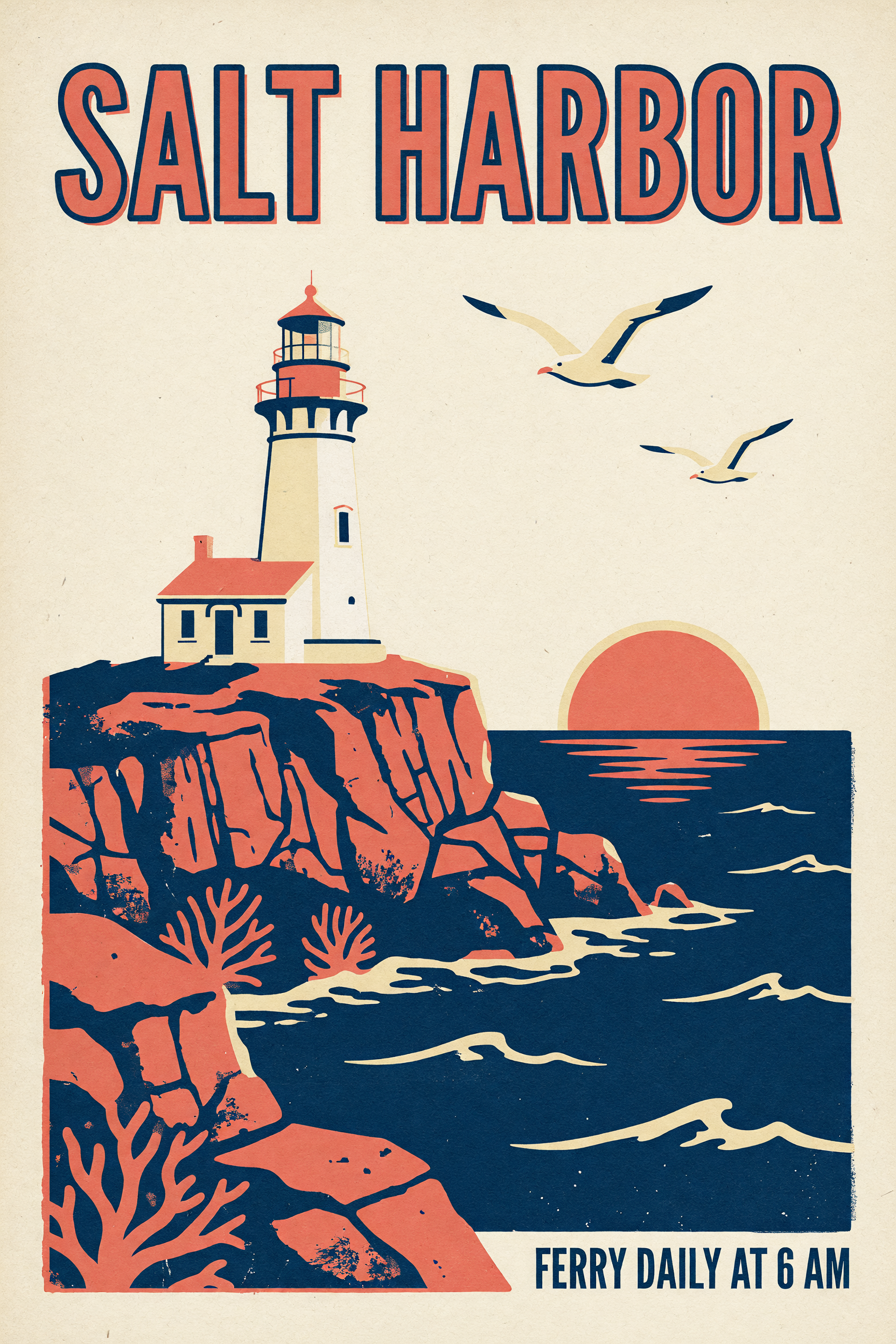 Cream travel poster with an outlined coral SALT HARBOR headline, a lighthouse and a small cottage on red and navy cliffs with coral branch shapes, two gulls, a coral sun on the sea and FERRY DAILY AT 6 AM at the bottom