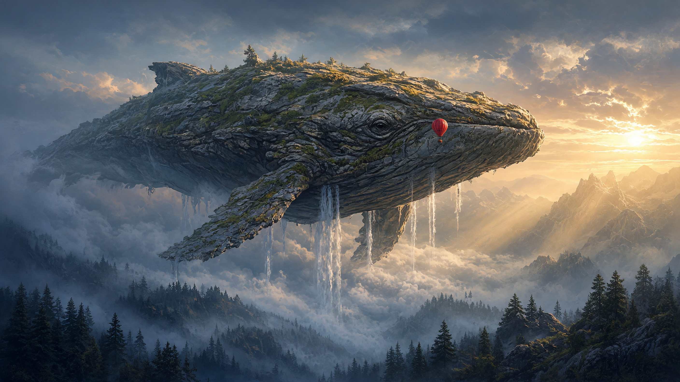 Concept art of a colossal moss covered stone whale drifting over a misty pine valley at sunrise, thin waterfalls pouring from its belly into the clouds and a tiny red hot air balloon beside its eye