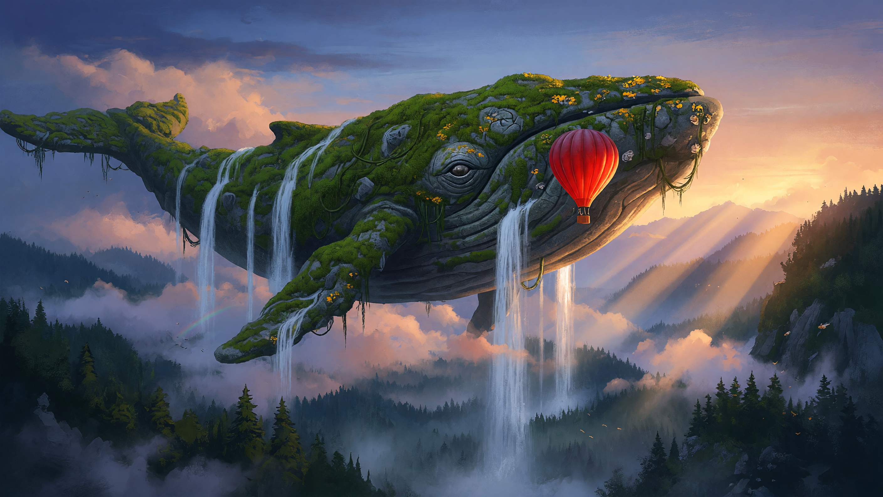 Concept art of a giant moss covered stone whale floating over a misty pine valley at sunrise, waterfalls pouring from its back and sides, a large red hot air balloon in front of its head and sunbeams across the hills