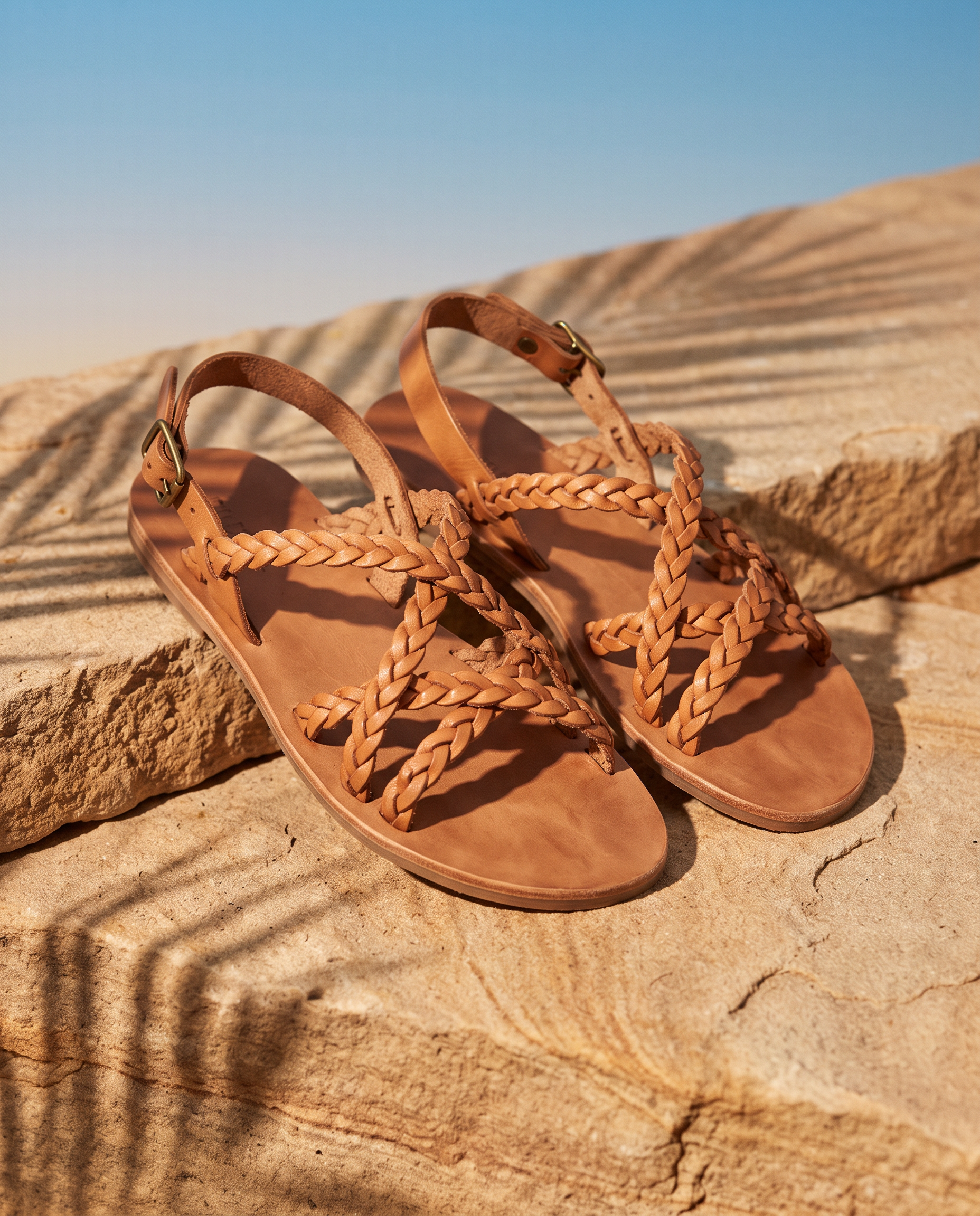 A pair of braided tan leather sandals rests on a sandstone ledge under the striped shadow of a palm frond