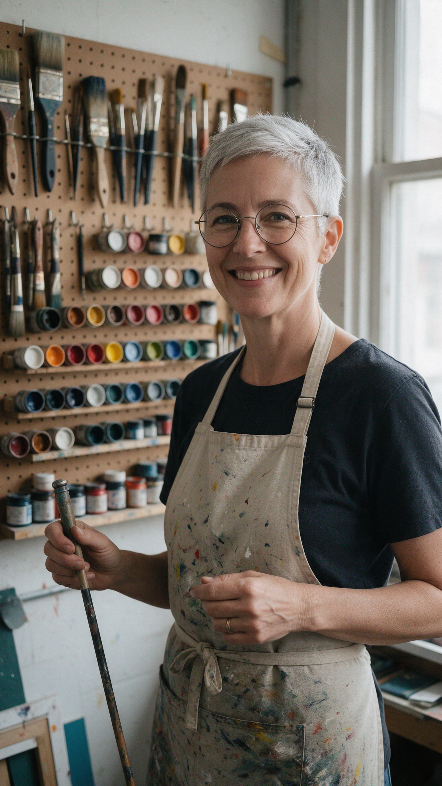 A smiling sign painter in her fifties in a paint flecked apron holds a mahl stick in front of a wall of brushes and enamel tins