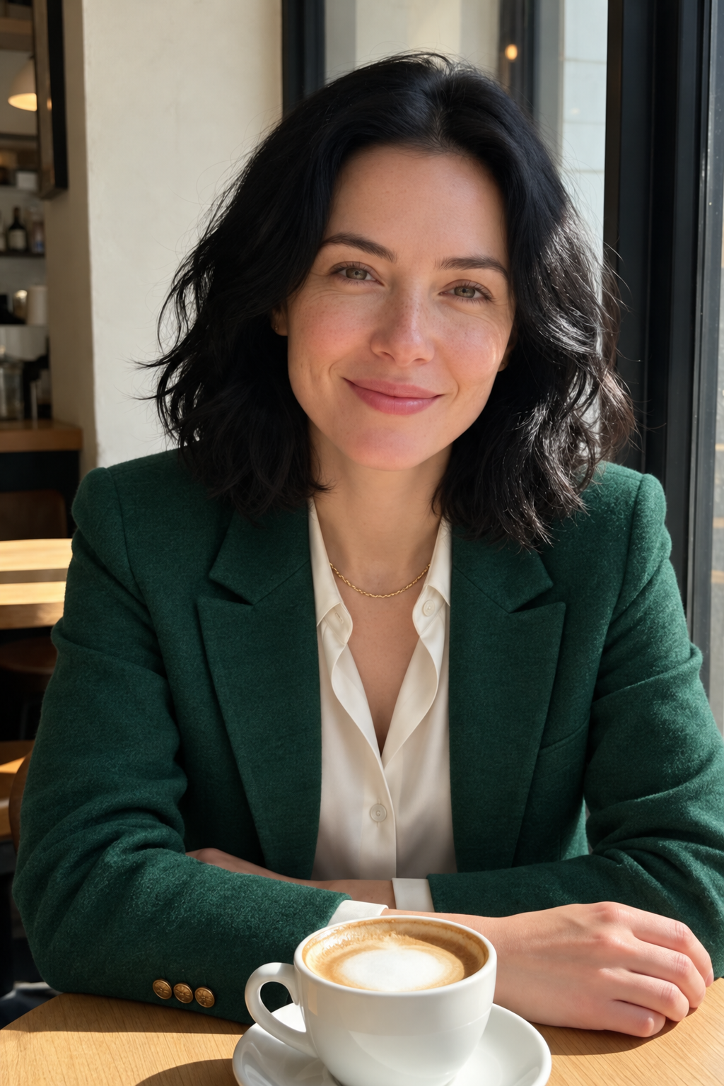 GPT Image 2.5: the same woman in an emerald blazer, cream blouse and thin gold chain at the same table