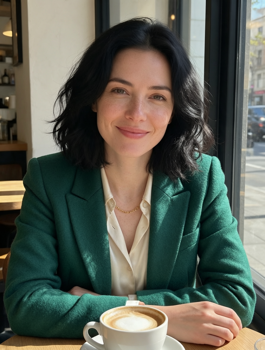 Qwen Image Edit: the same woman in an emerald blazer, a buttoned cream blouse and a gold chain at the same table