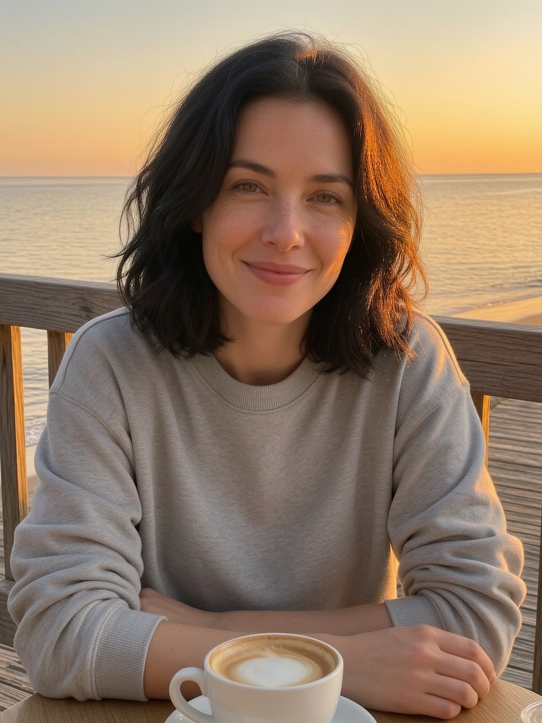The woman and her cappuccino moved from the cafe to a wooden seaside boardwalk at sunset