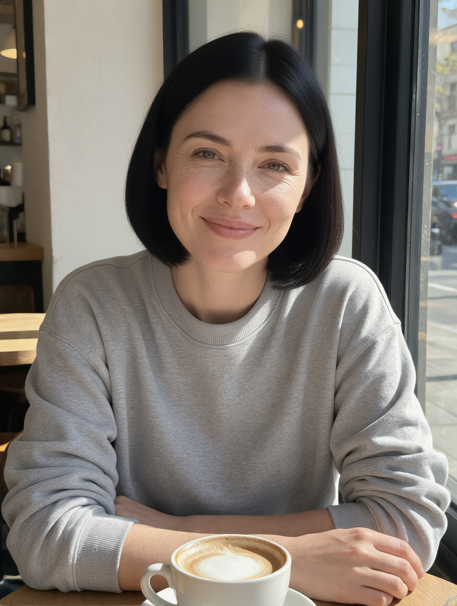 The same woman with a sleek chin length bob in place of her wavy hair, at the same cafe table