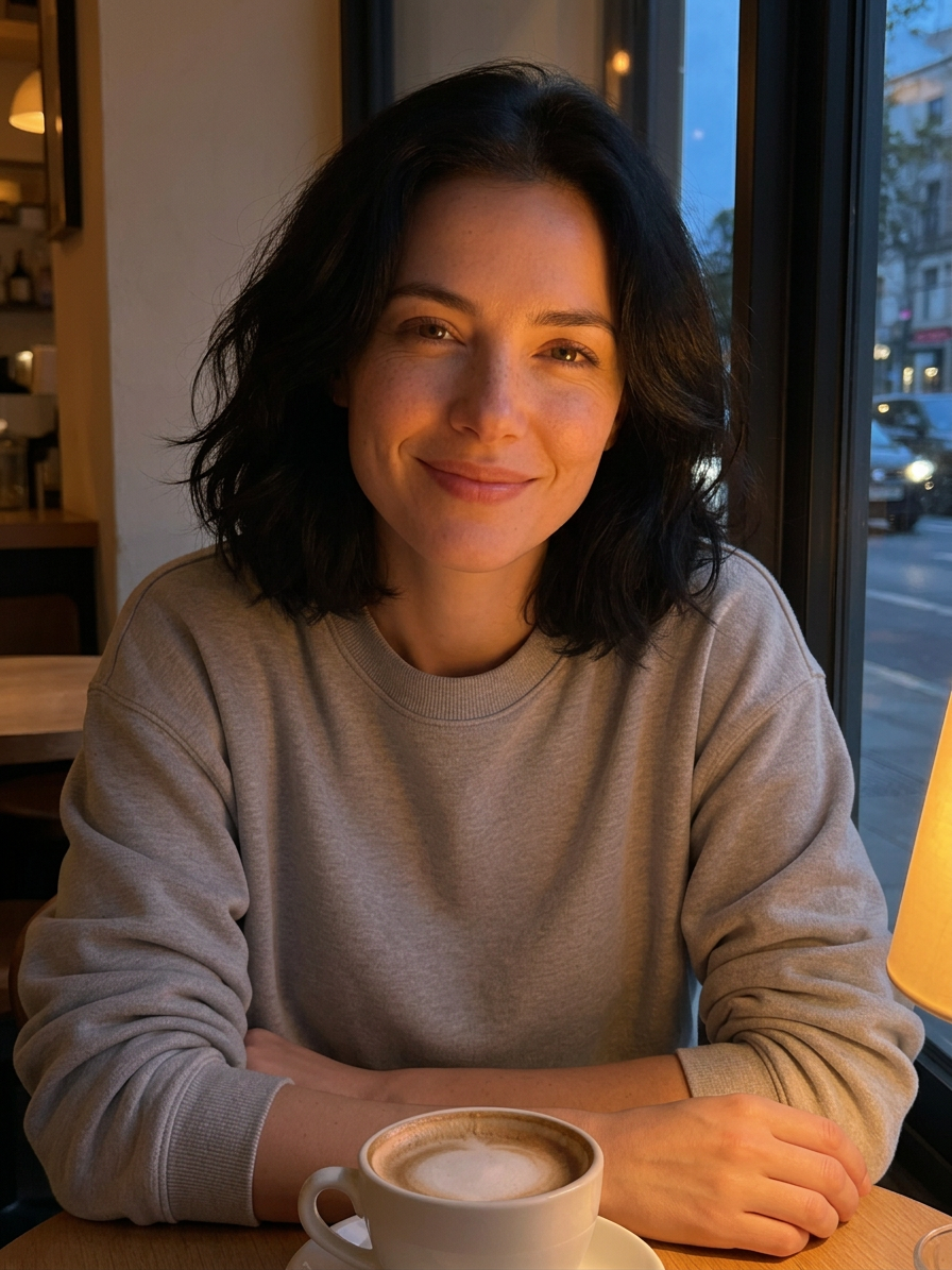 The cafe photo relit as early evening with warm lamp light on her face and blue dusk in the window