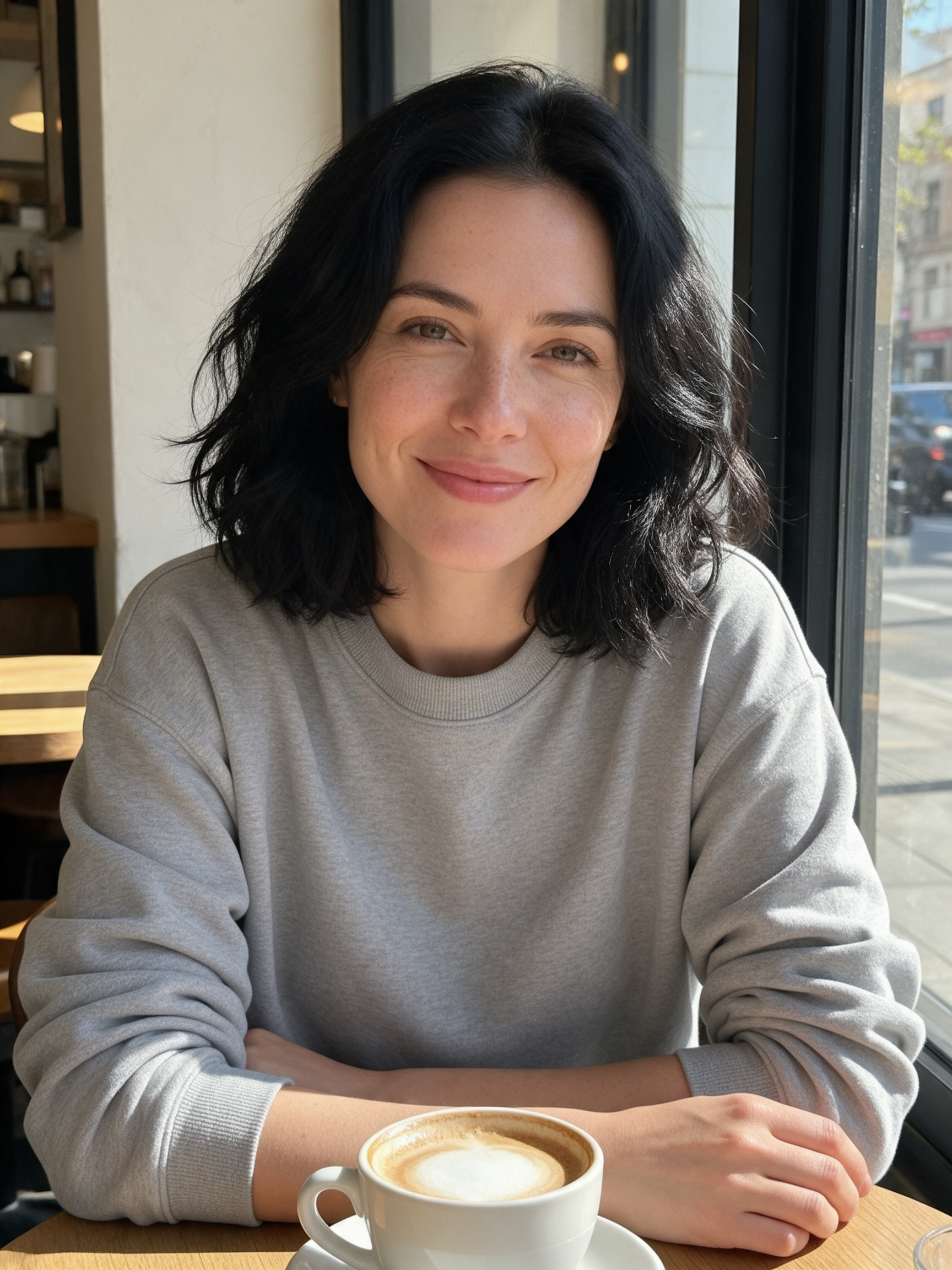 The original: a woman with wavy black hair in a grey sweatshirt at a sunny cafe window with a cappuccino