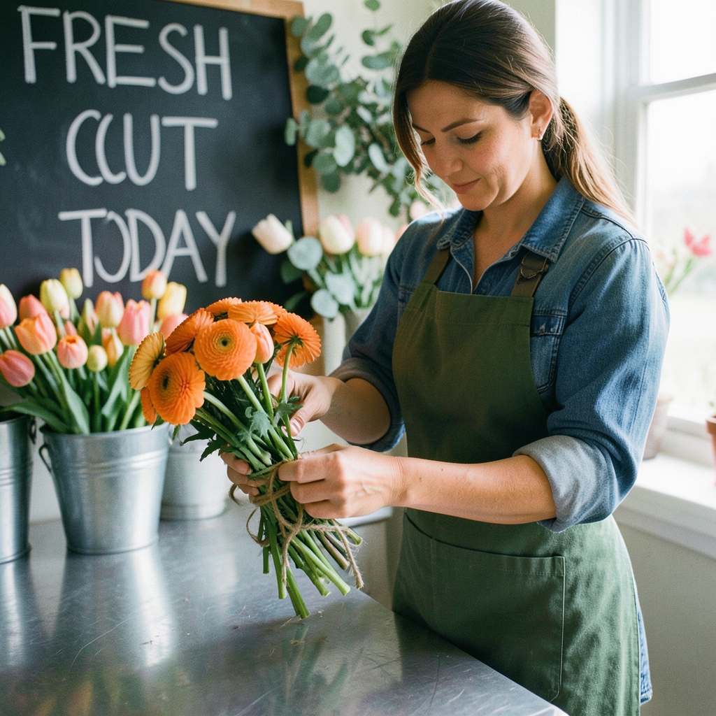 A florist in a denim shirt and green apron ties twine around a bouquet of orange flowers at a steel counter, a hand lettered chalkboard and buckets of tulips behind her