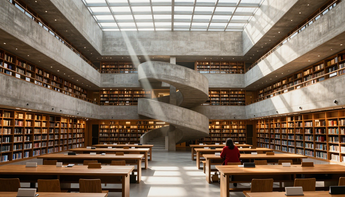 A brutalist concrete library atrium with oak bookshelves on every level, a sculptural concrete spiral staircase in the center and shafts of sunlight from a skylight grid falling on long wooden reading tables, one reader in a red coat seated alone