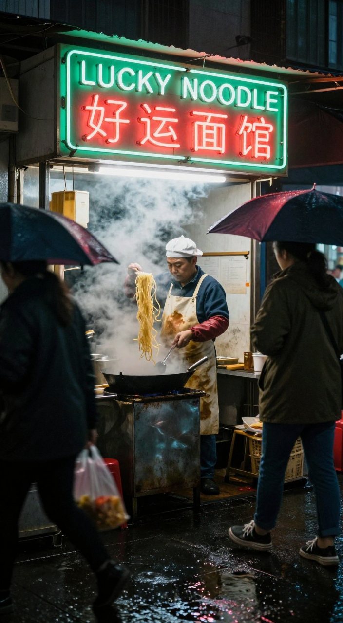 A cook in a white chef cap and stained apron lifts noodles from a steaming wok at a street stall under a green neon sign reading LUCKY NOODLE and 好运面馆, people with umbrellas walking past in the rain at night