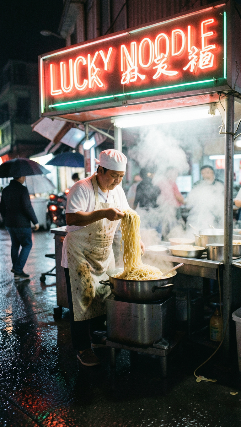 A cook in a white cap and stained apron pulls noodles from a steel pot at a rainy street stall under a red neon sign reading LUCKY NOODLE with Chinese style strokes beside the letters