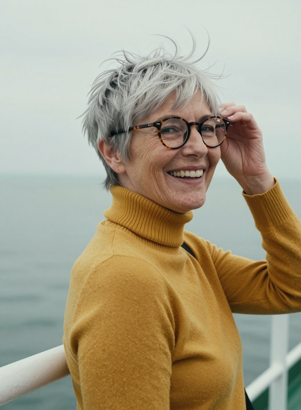 A laughing woman in her sixties with a windblown silver pixie cut, round tortoiseshell glasses and a mustard yellow ribbed turtleneck touches her glasses at the rail of a ferry, grey sea and overcast sky behind her