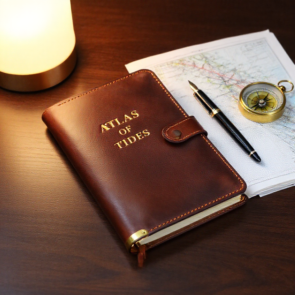 A brown leather journal with a strap and brass stud, embossed in gold with ATLAS OF TIDES, beside a fountain pen, a brass compass and a printed map on a dark walnut desk under a glowing lamp, with smooth soft surfaces