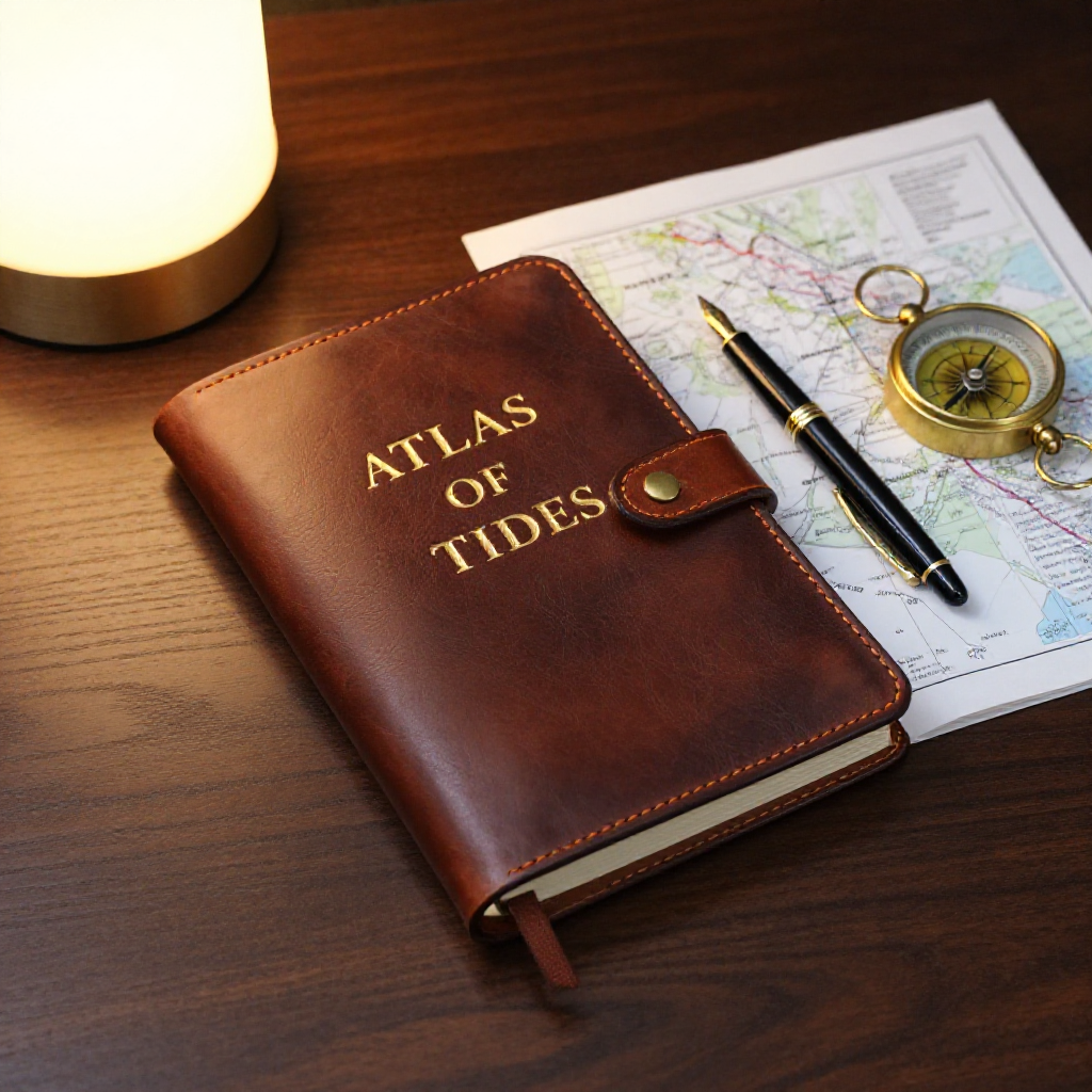 The same leather journal embossed ATLAS OF TIDES with a fountain pen, brass compass and map on a walnut desk, more leather grain and map lines visible