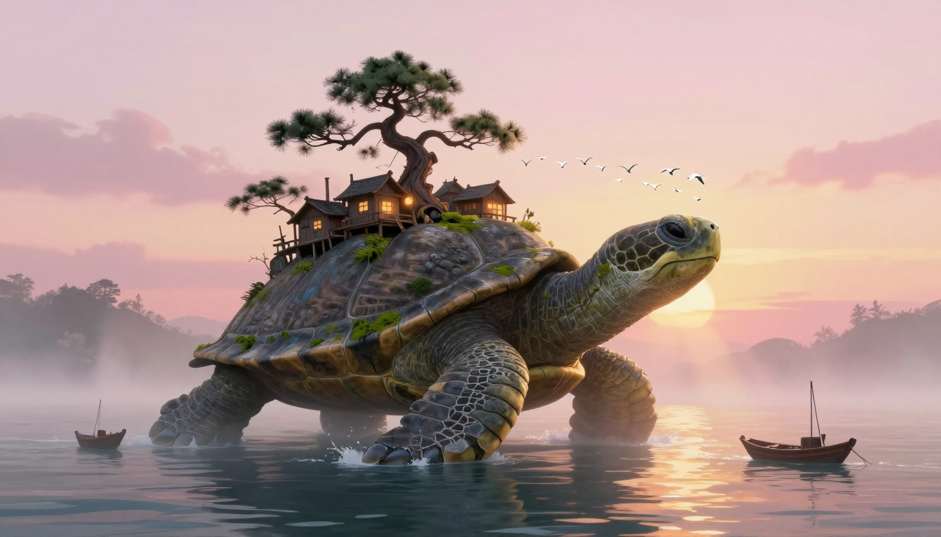 A giant turtle with a moss covered shell carrying lantern lit wooden houses and a gnarled pine tree wades through a misty sea at sunrise, a flock of white birds overhead and a small wooden boat on each side