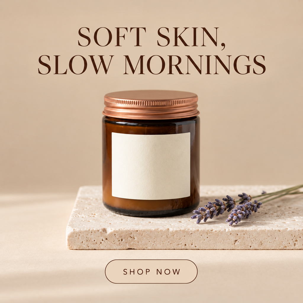 GPT Image 2.5: SOFT SKIN, SLOW MORNINGS above the amber jar with an outlined SHOP NOW button