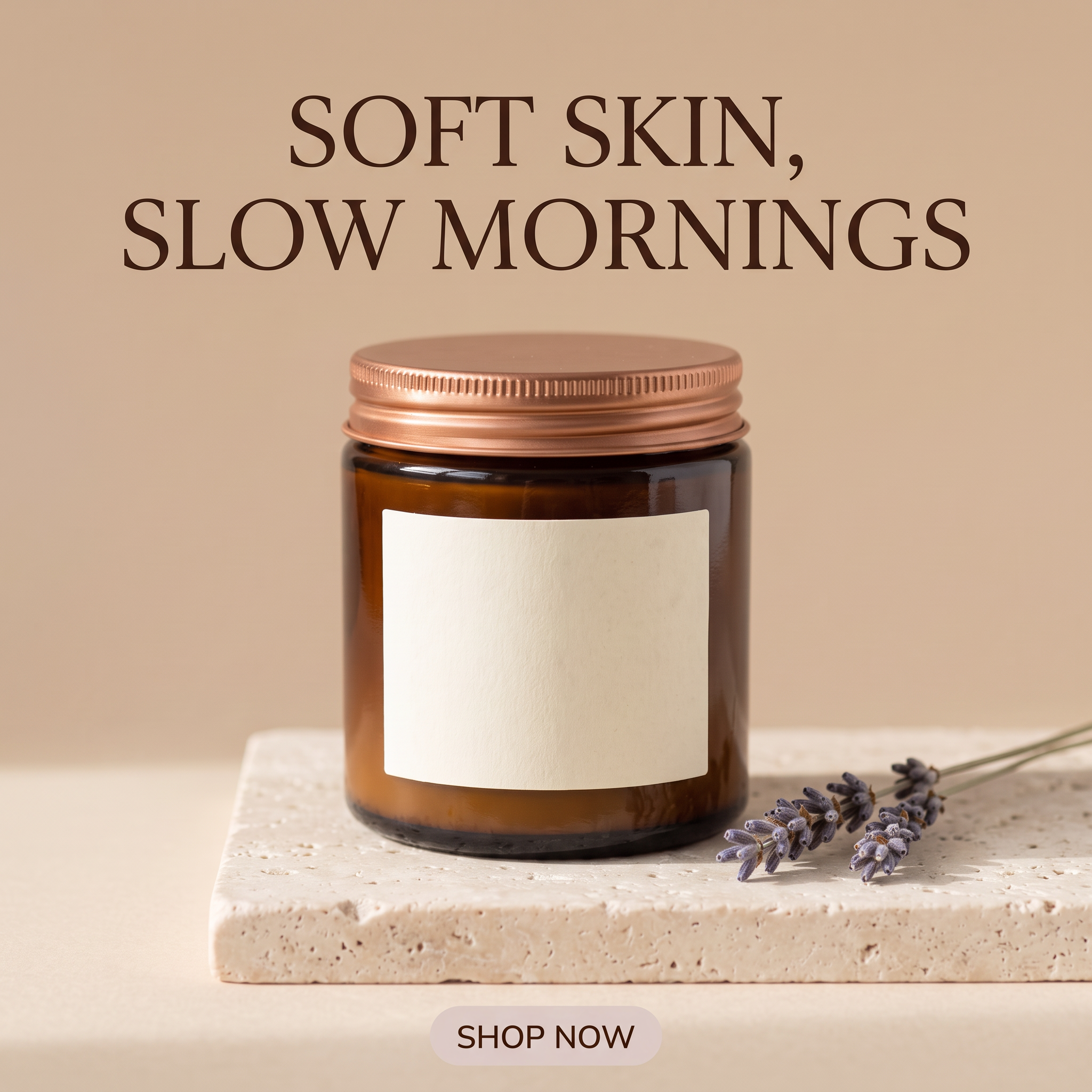 Nano Banana 2.1: SOFT SKIN, SLOW MORNINGS above the amber jar with a small SHOP NOW pill