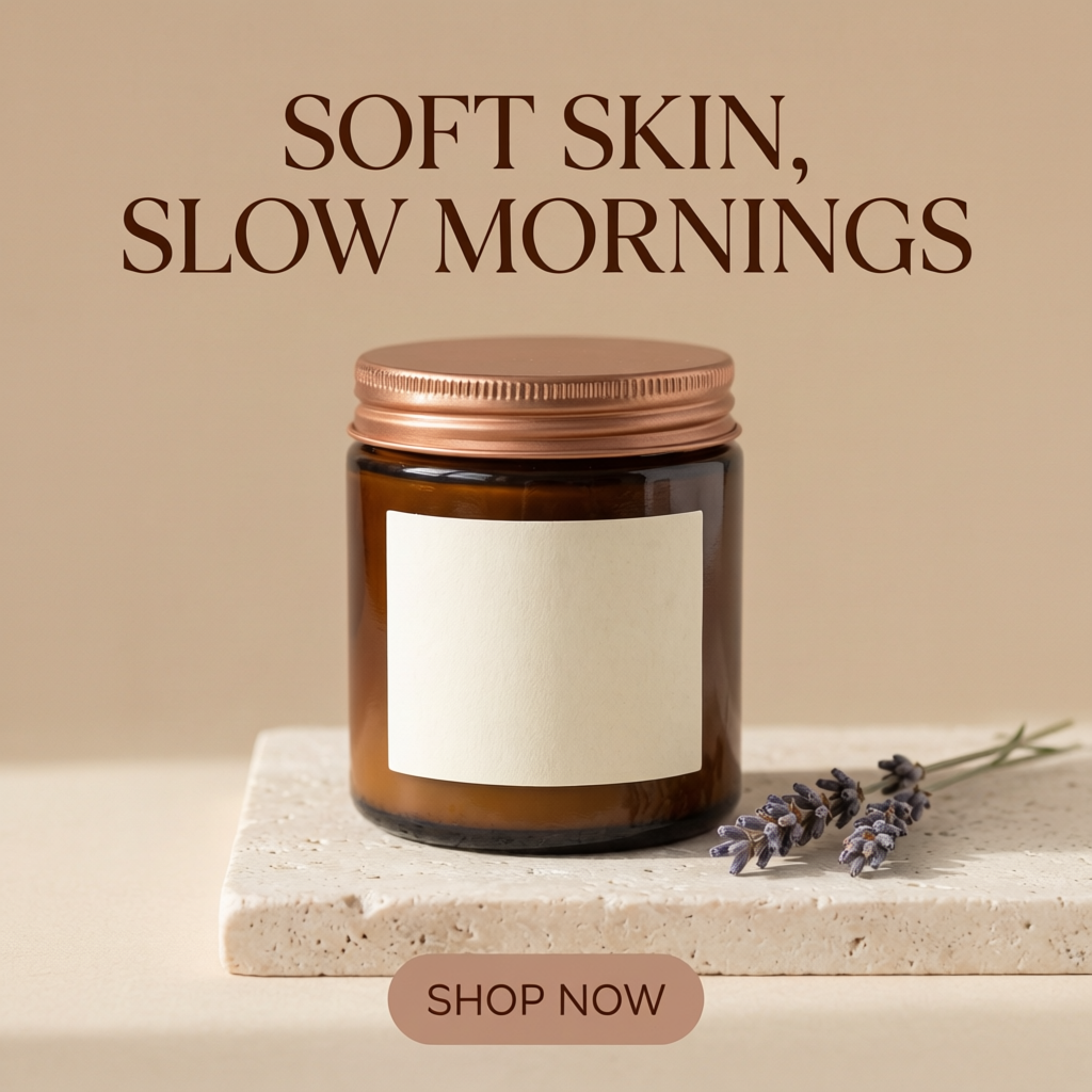 Qwen Image Edit: SOFT SKIN, SLOW MORNINGS above the amber jar with a filled rose SHOP NOW button