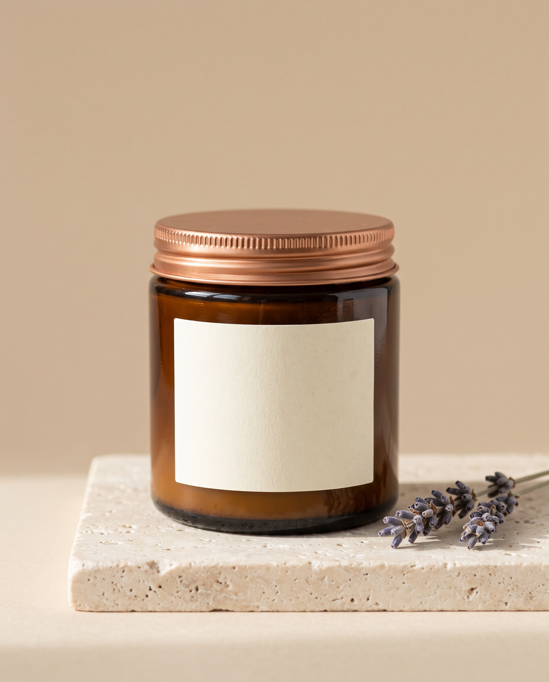An amber glass jar with a copper lid and blank cream label on a travertine slab beside dried lavender