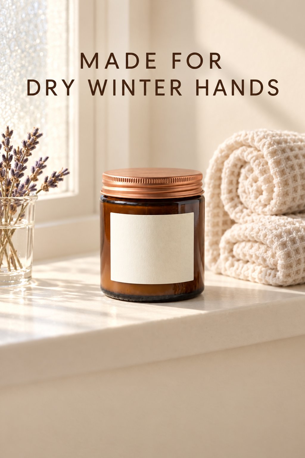 A vertical story ad reading MADE FOR DRY WINTER HANDS above the amber jar on a sunlit bathroom shelf beside rolled waffle towels and lavender