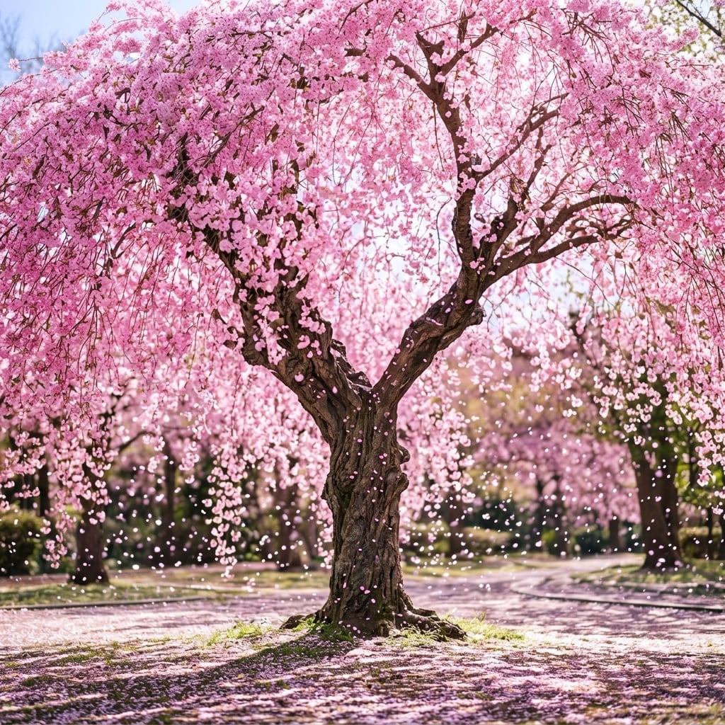 A Japanese cherry-blossom park in full bloom, petals drifting in the air, people