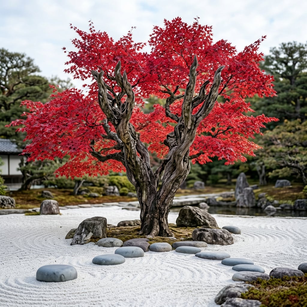 A tranquil Zen garden with raked sand, smooth stones, and a single maple tree, m