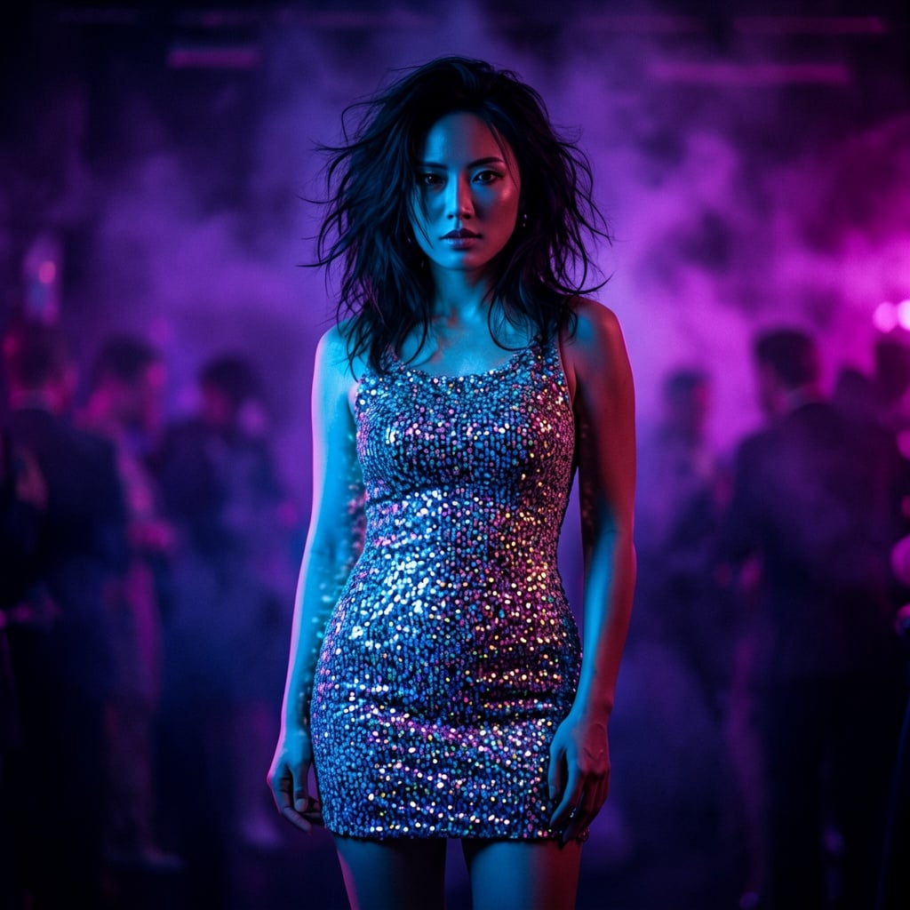 Moody nightclub glamour shot of a woman in her late 20s in a sequinned mini dres
