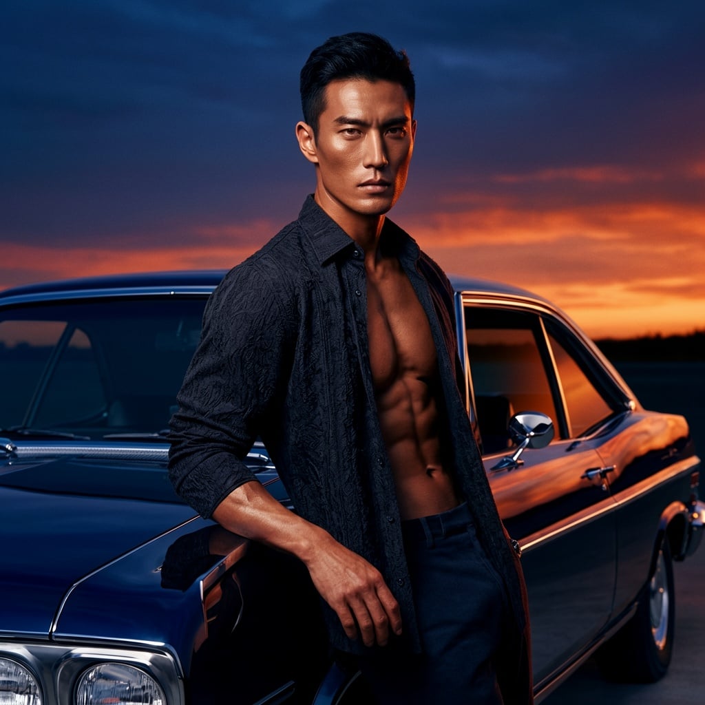 Dramatic fashion portrait of a handsome man in his 30s with an open shirt and to