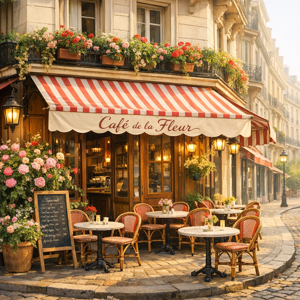 A charming Parisian cafe corner with a striped awning and flowers, soft morning 