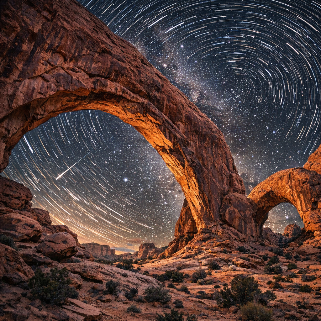 A dramatic desert with towering red rock arches under a starry sky, long exposur