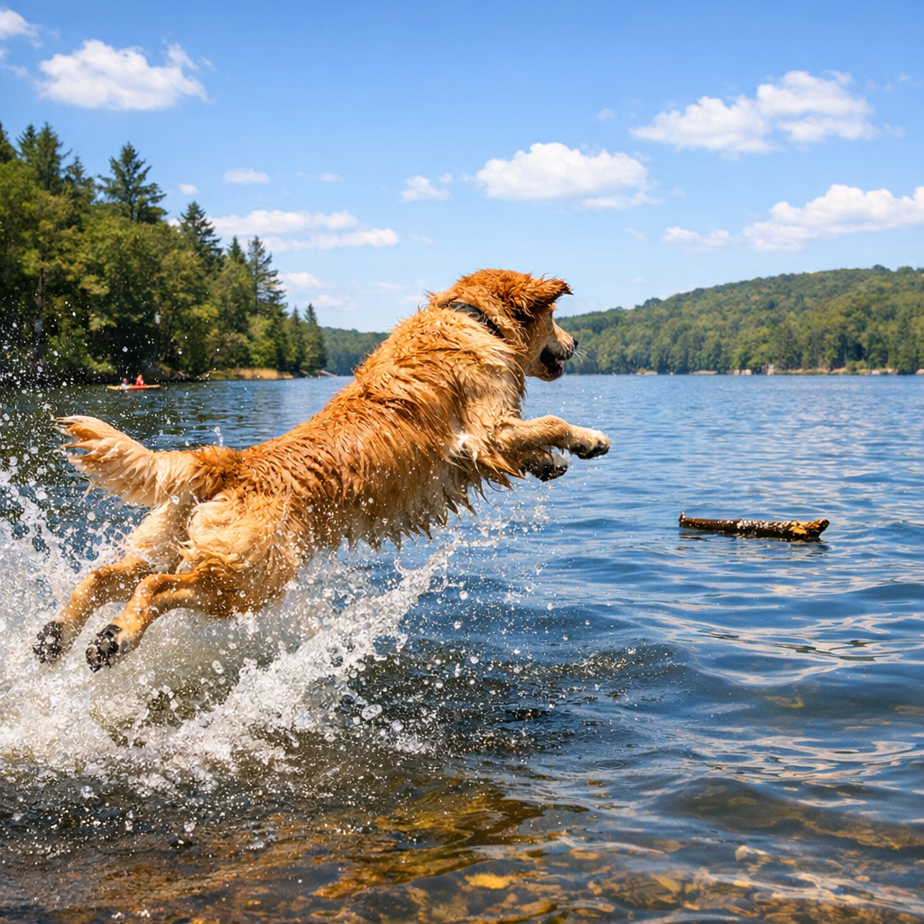 A golden retriever leaping into a lake to fetch a stick, splashing water, sunny 