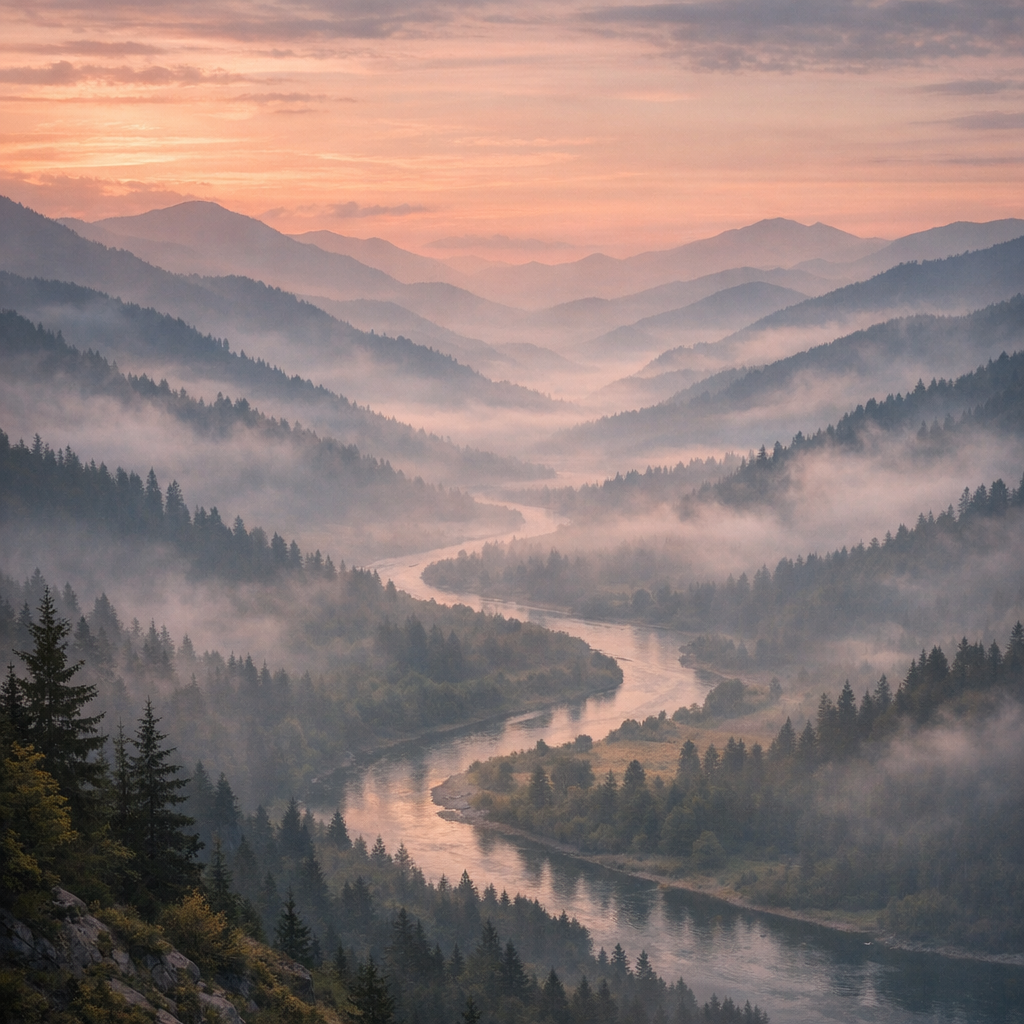 A misty mountain valley at dawn, layered ridgelines, a winding river, soft light