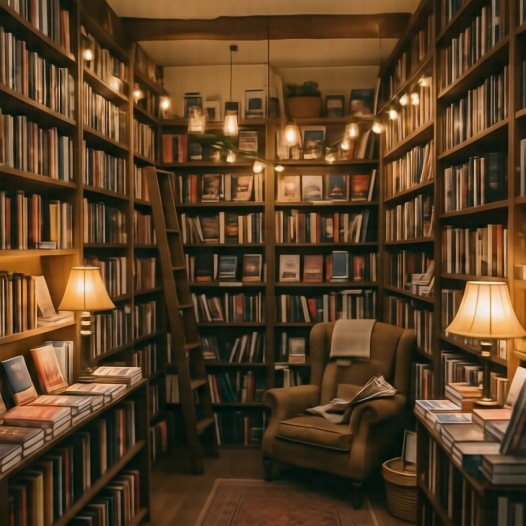 A cozy independent bookshop interior with warm lamplight and towering shelves, i