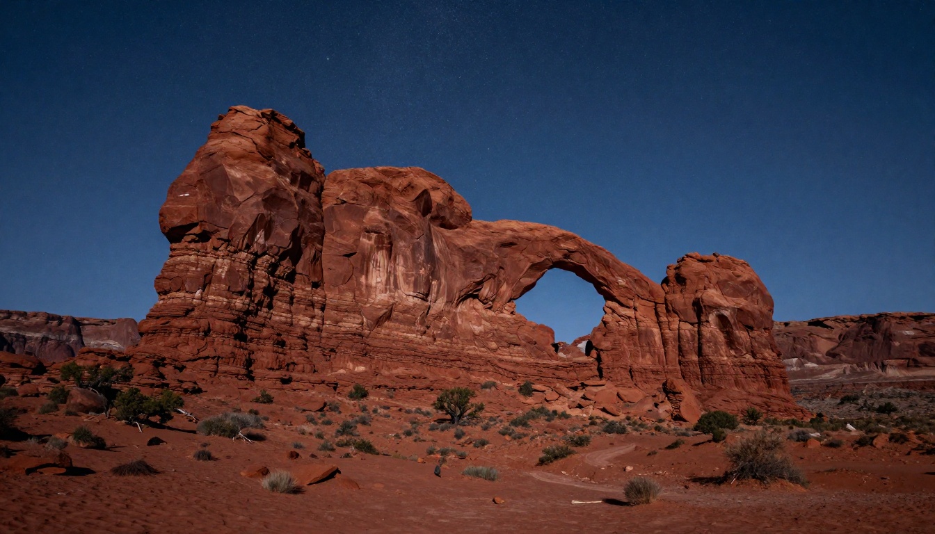 A dramatic desert landscape with towering red rock arches under a star-filled ni