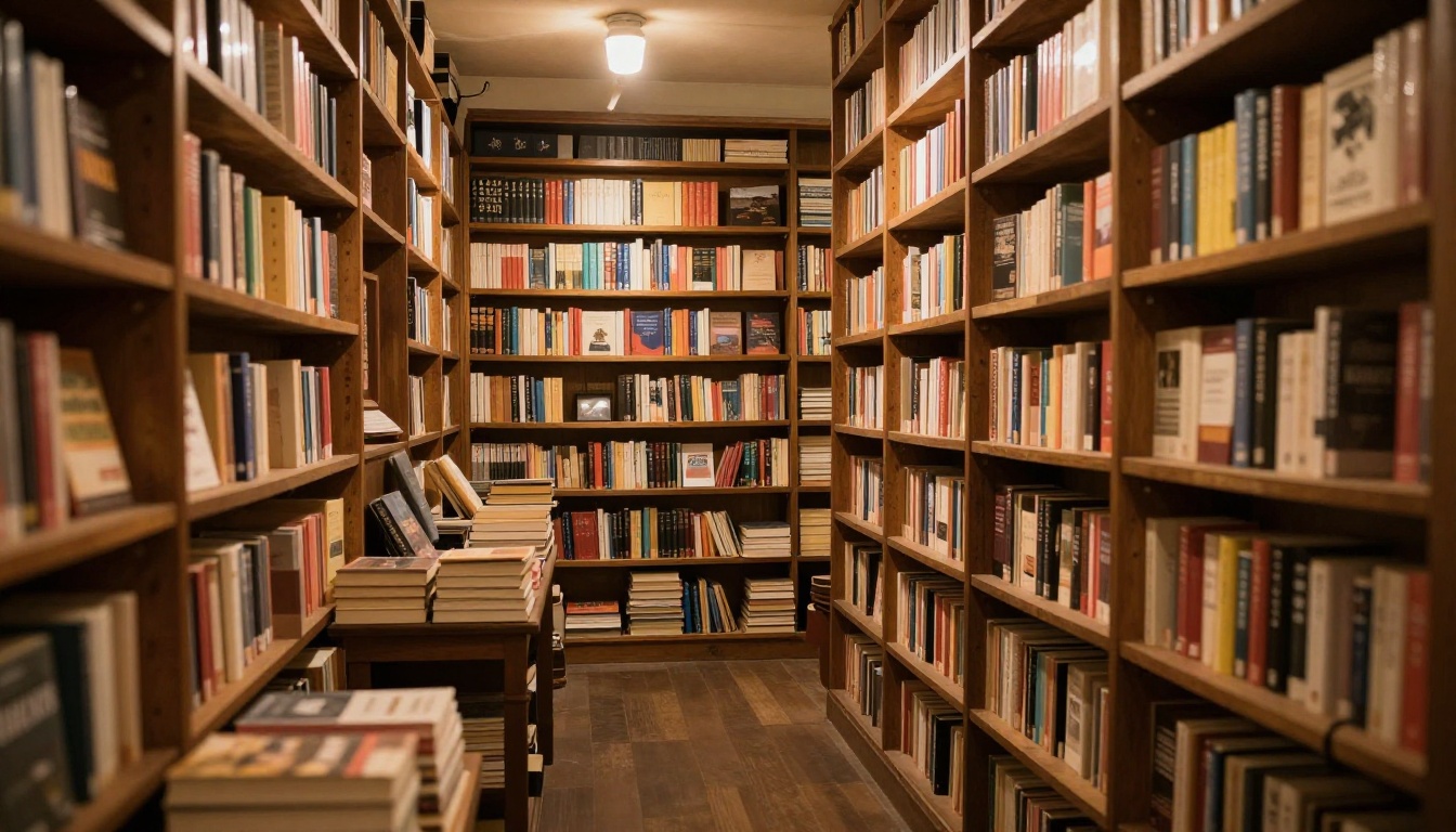 A cozy independent bookshop interior with warm lamplight and towering shelves, i