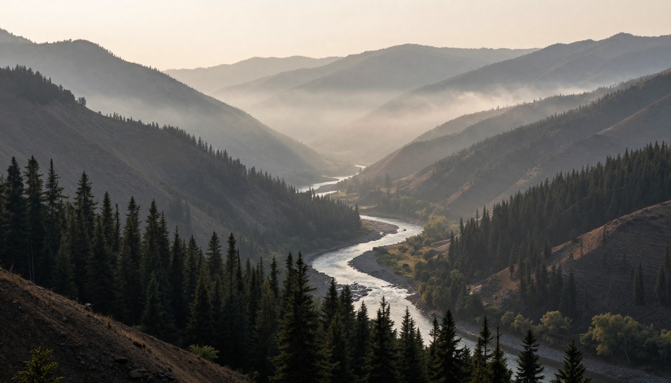 A misty mountain valley at dawn, layered ridgelines, a winding river through pin
