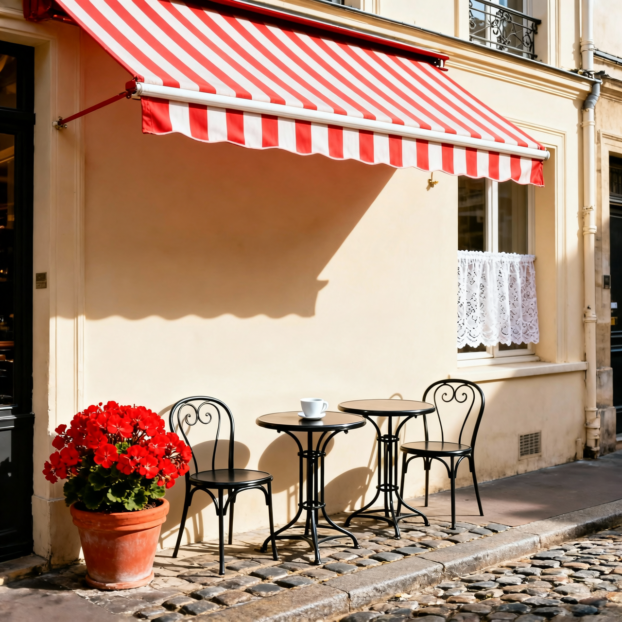 A charming Parisian cafe corner with a striped awning and flowers, soft morning 