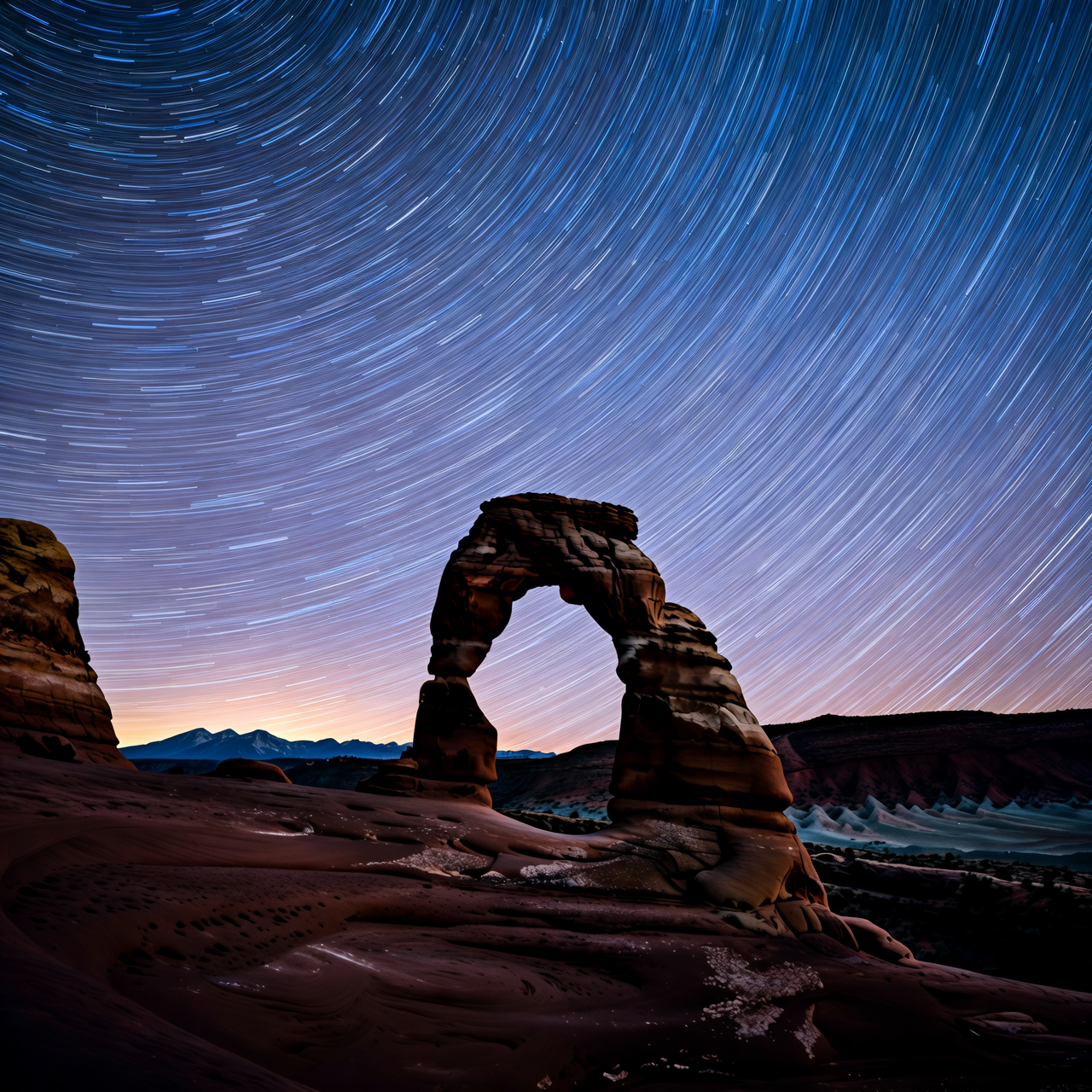 A dramatic desert with towering red rock arches under a starry sky, long exposur