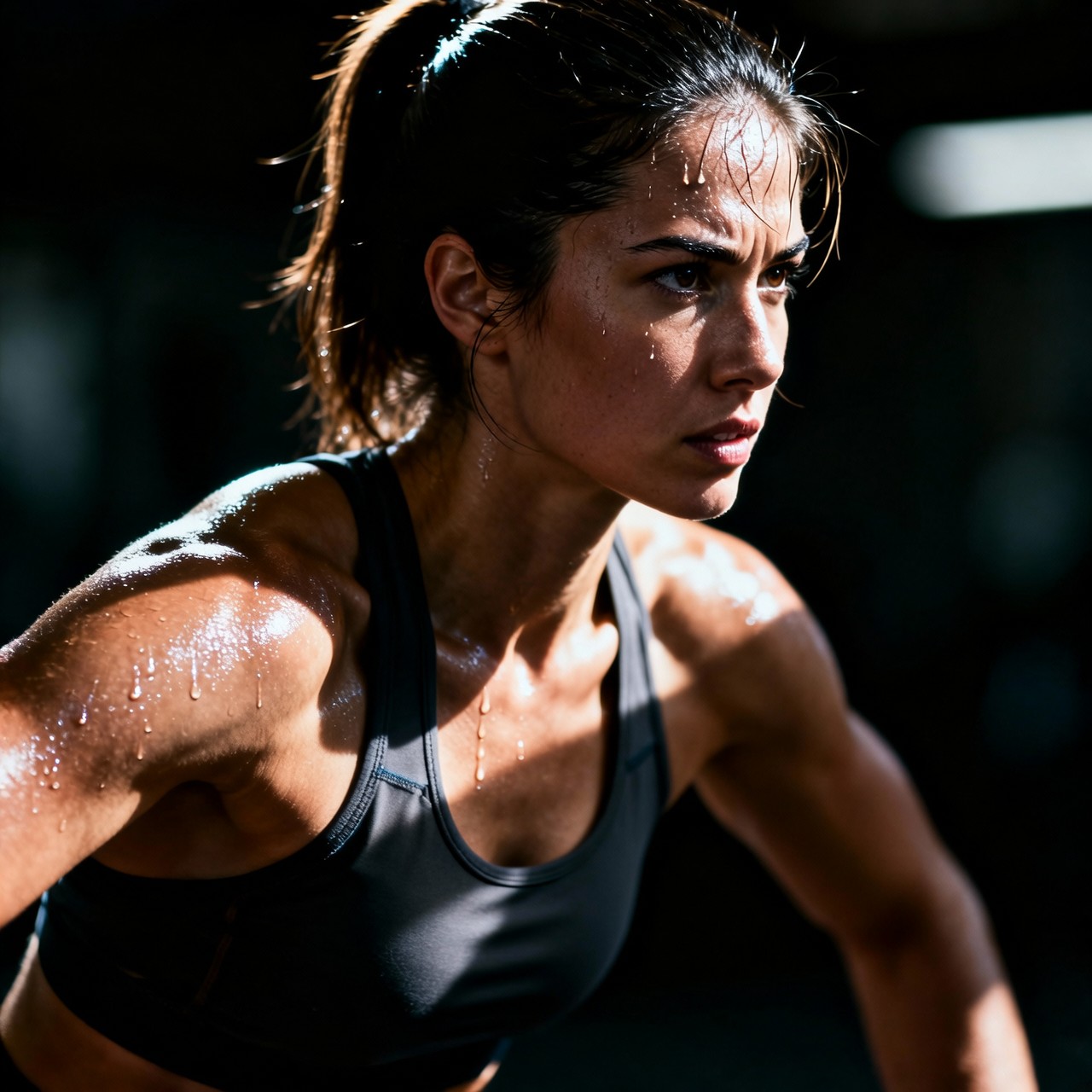 Sensual fitness portrait of a toned adult woman in athletic wear, post-workout g