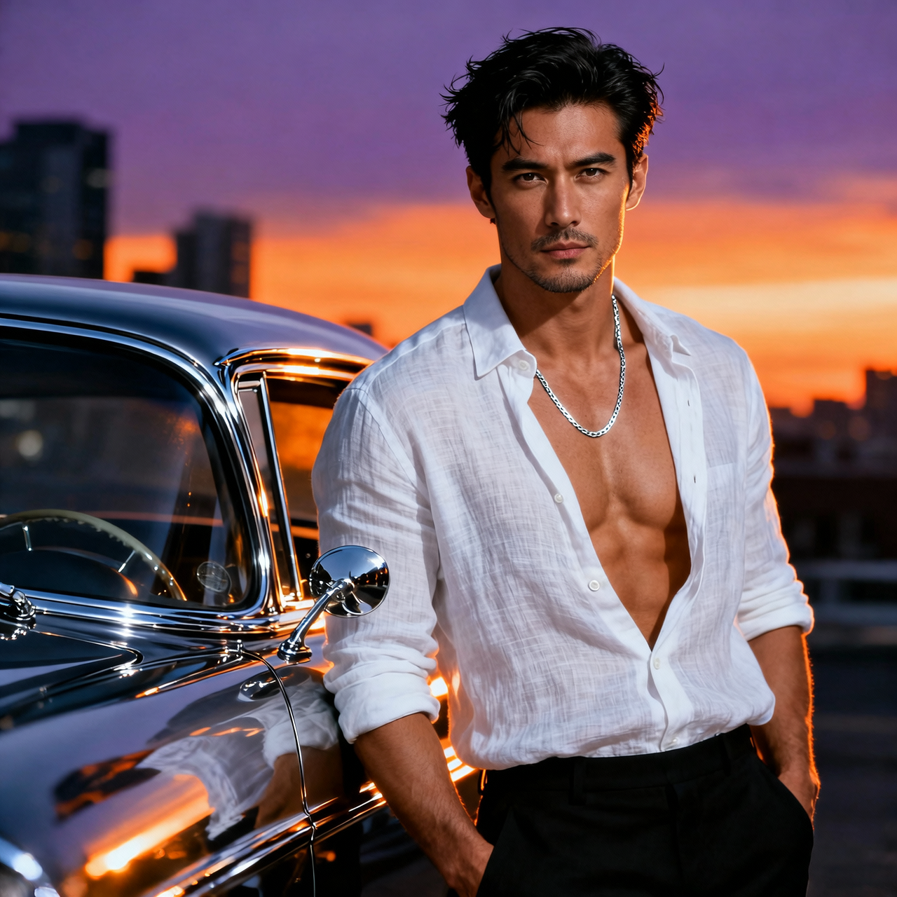 Dramatic fashion portrait of a handsome man in his 30s with an open shirt and to