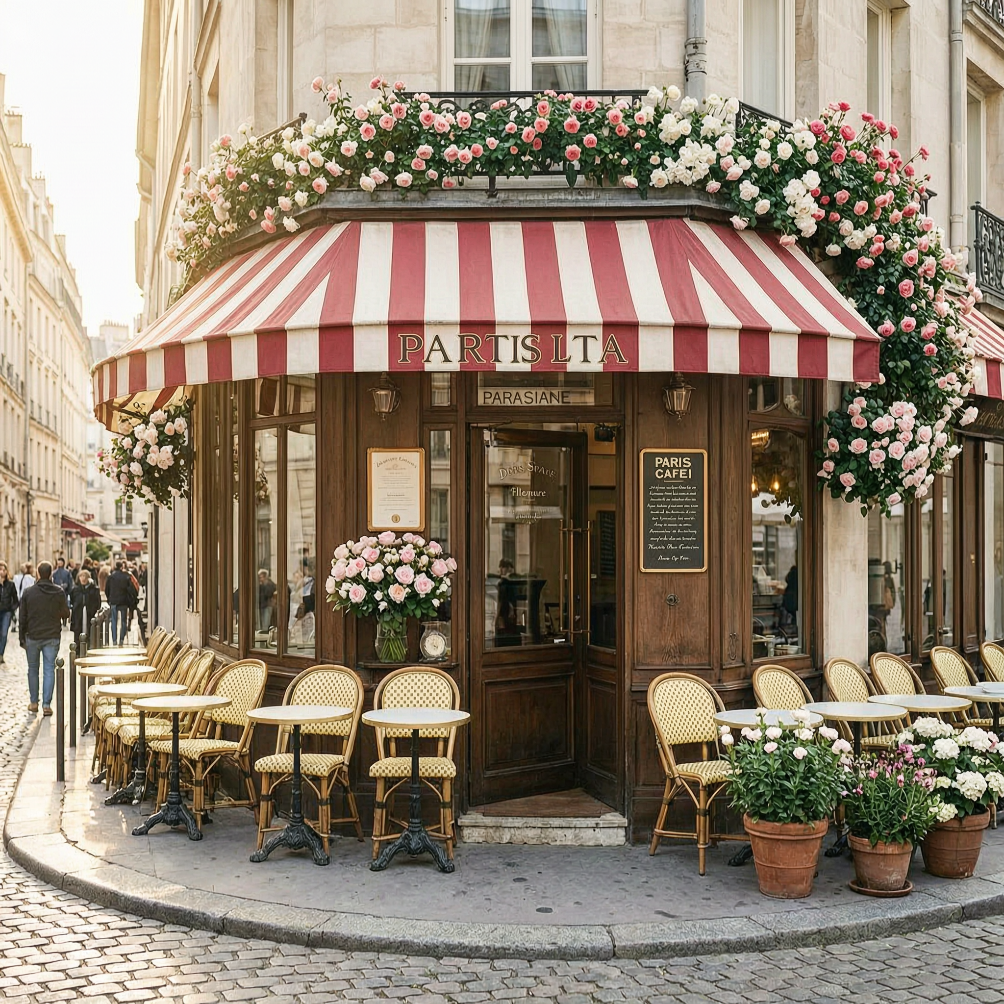 A charming Parisian cafe corner with a striped awning and flowers, soft morning 