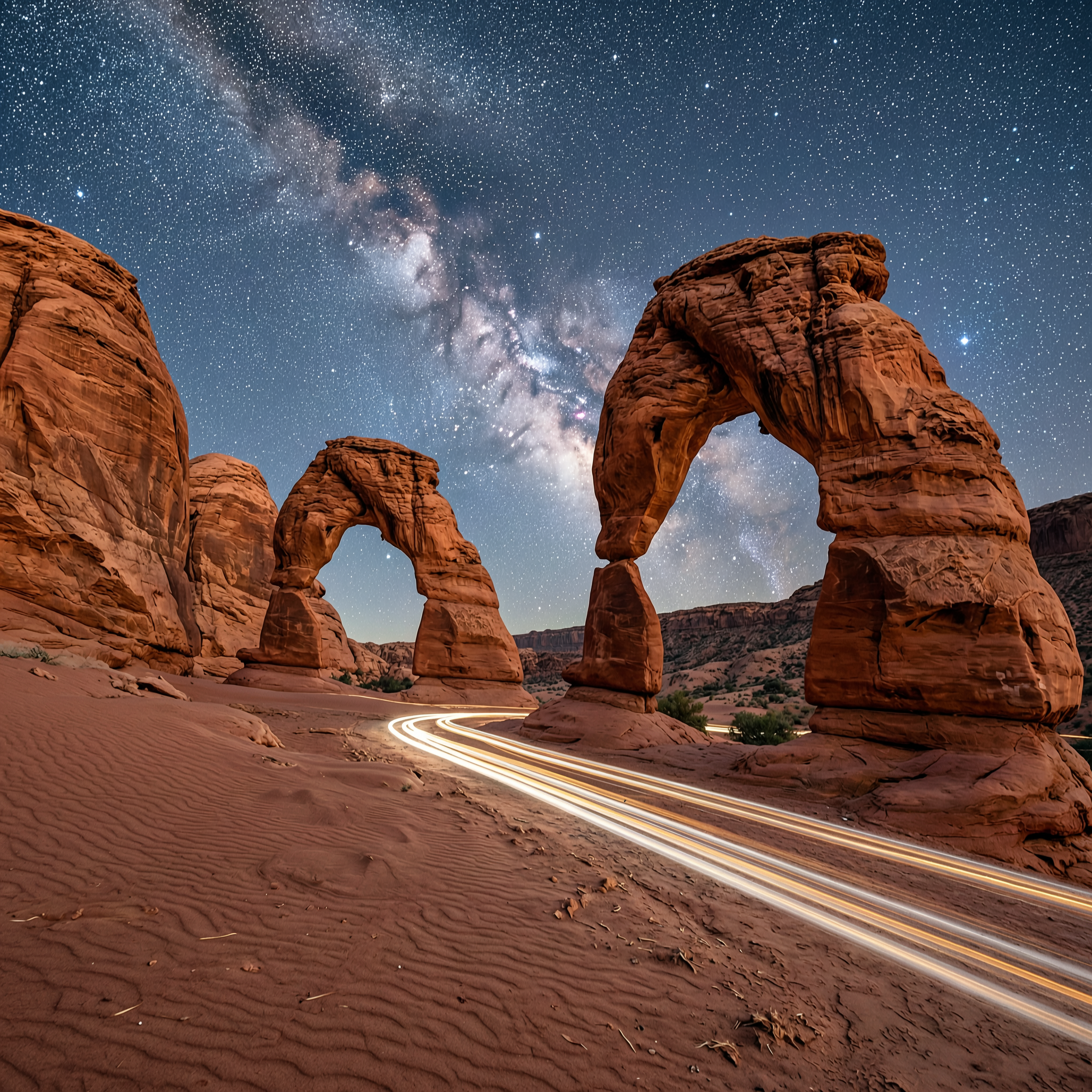 A dramatic desert with towering red rock arches under a starry sky, long exposur