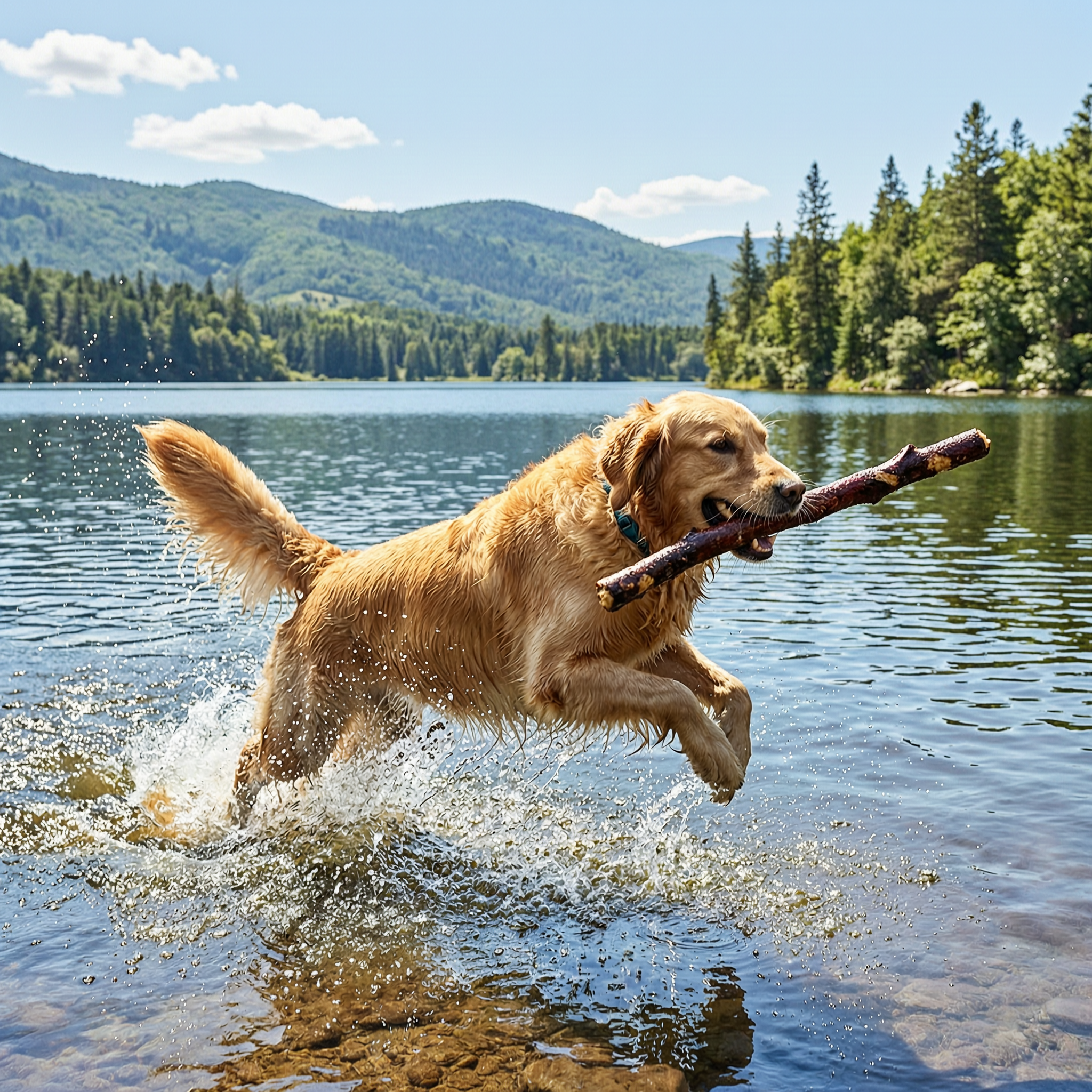 A golden retriever leaping into a lake to fetch a stick, splashing water, sunny 