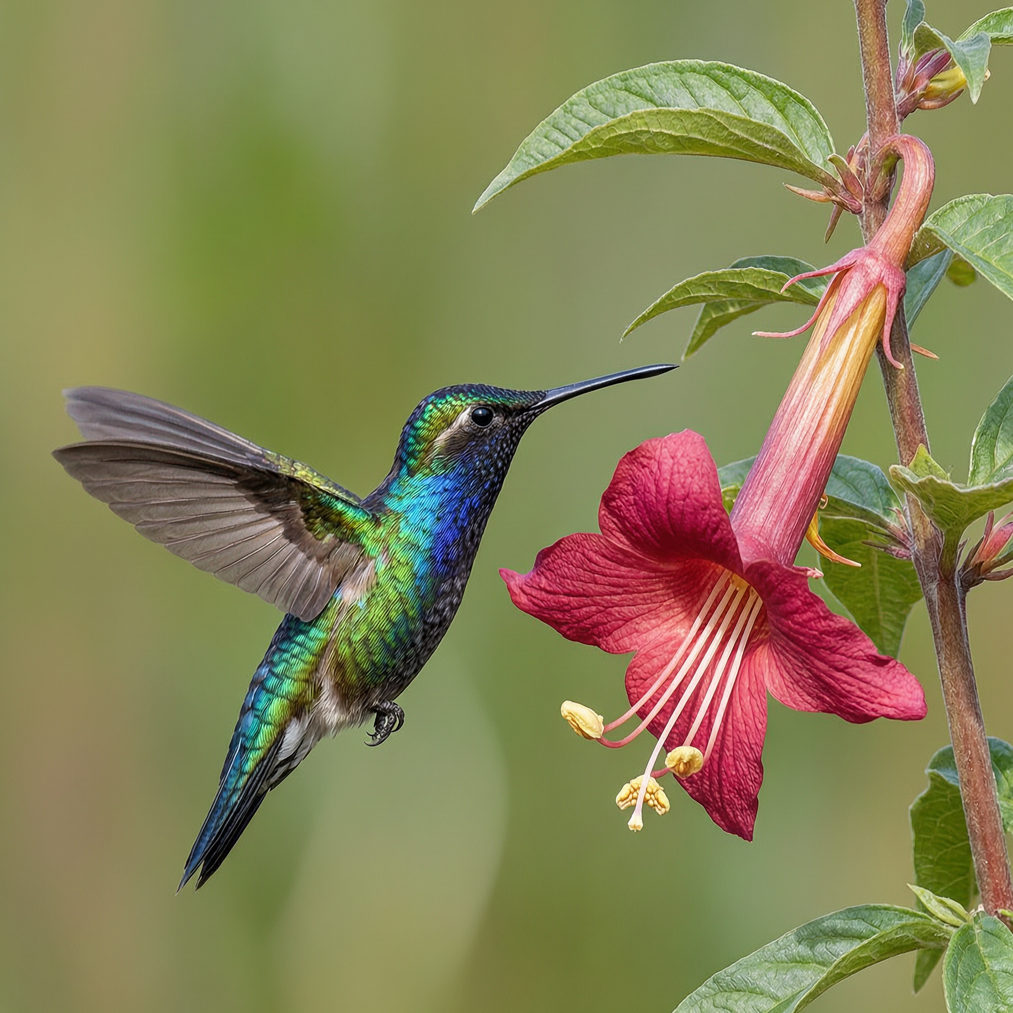 A hummingbird hovering beside a trumpet flower, iridescent feathers, macro