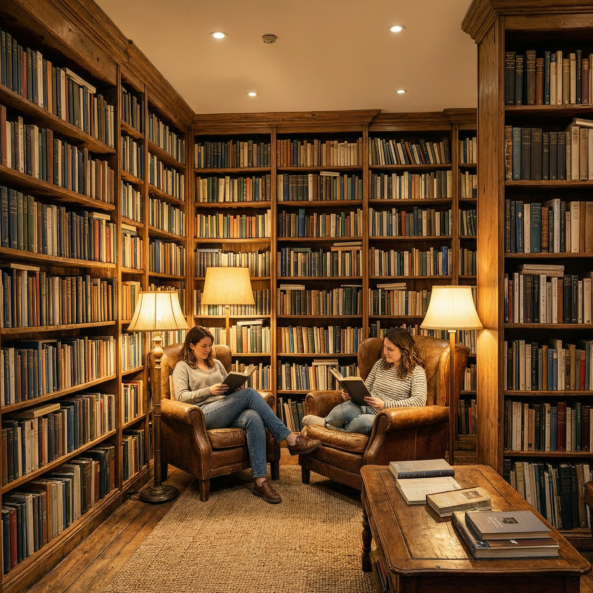 A cozy bookshop interior with warm lamplight and towering shelves, reading nook