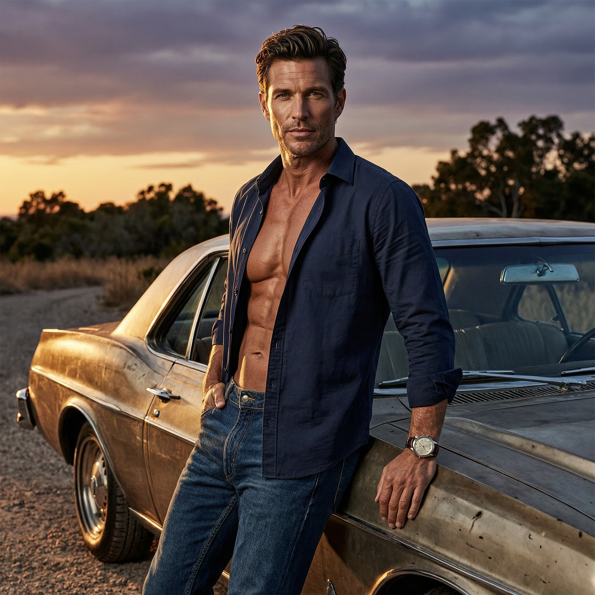 Dramatic fashion portrait of a handsome man in his 30s with an open shirt and to