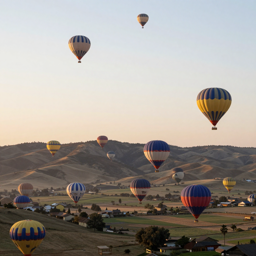 A hot air balloon festival at dawn, dozens of colorful balloons rising over roll